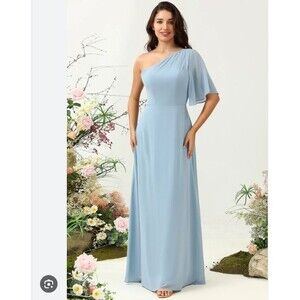 Womens Formal Evening Gown Sz 14 Blue Chiffon One Shoulder Dress Wedding Party